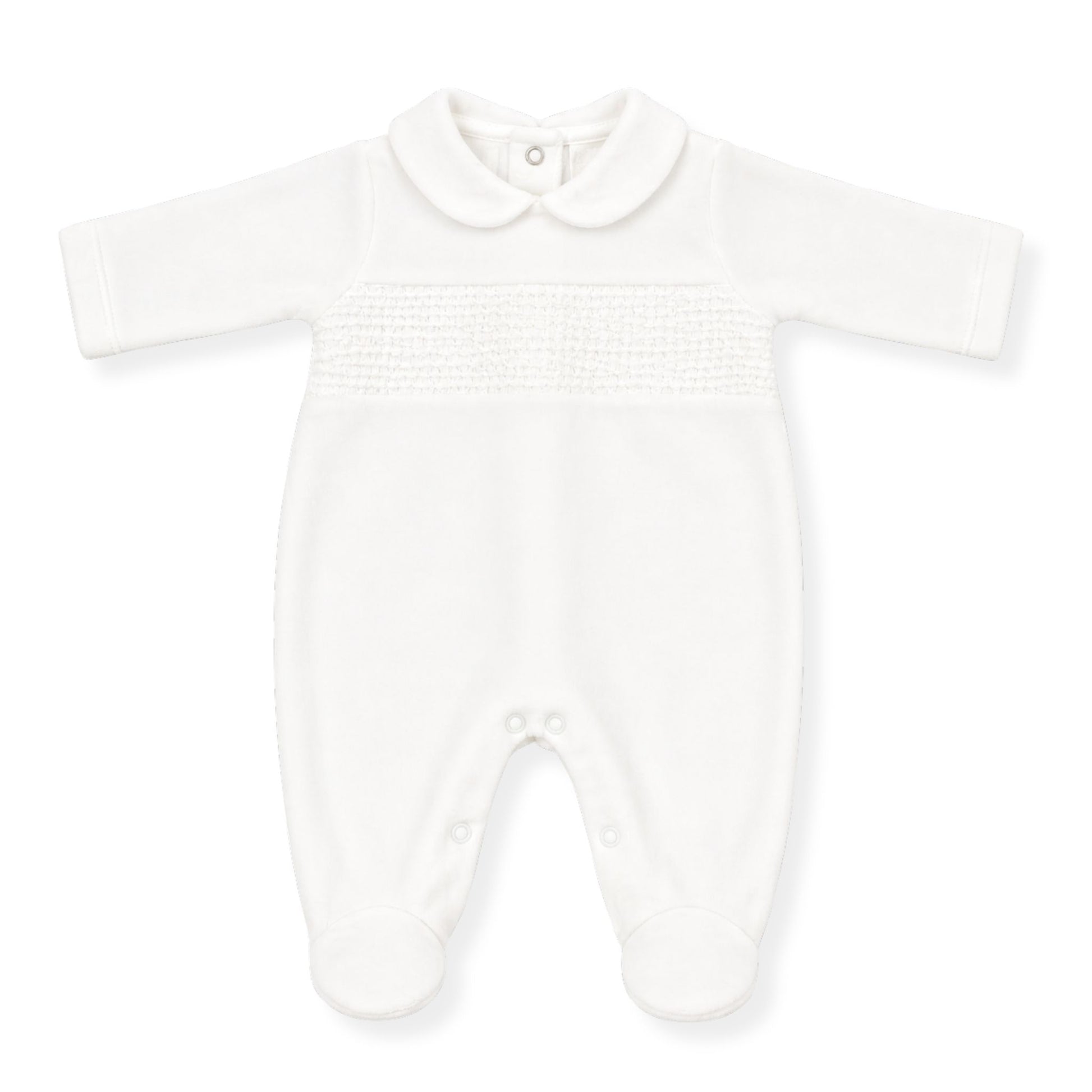 White baby unisex babygrow with Peter Pan collar and smocked chest detail, long sleeves and footed design on a clean white background