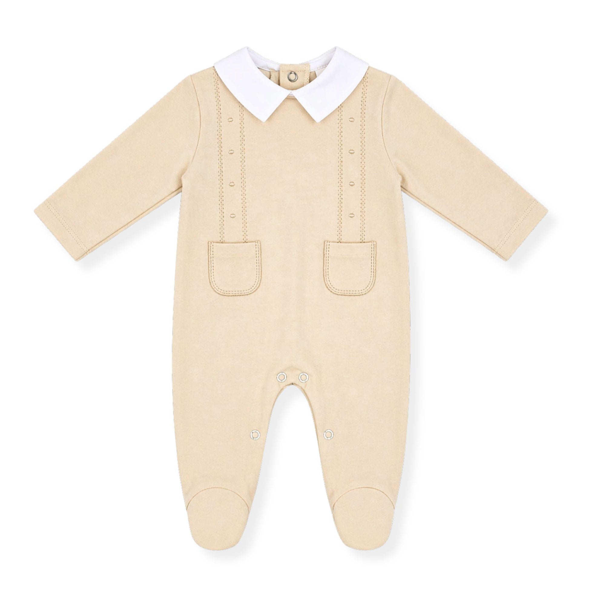 Beige baby boys babygrow with white collar, front pocket detail and long sleeves on a white background