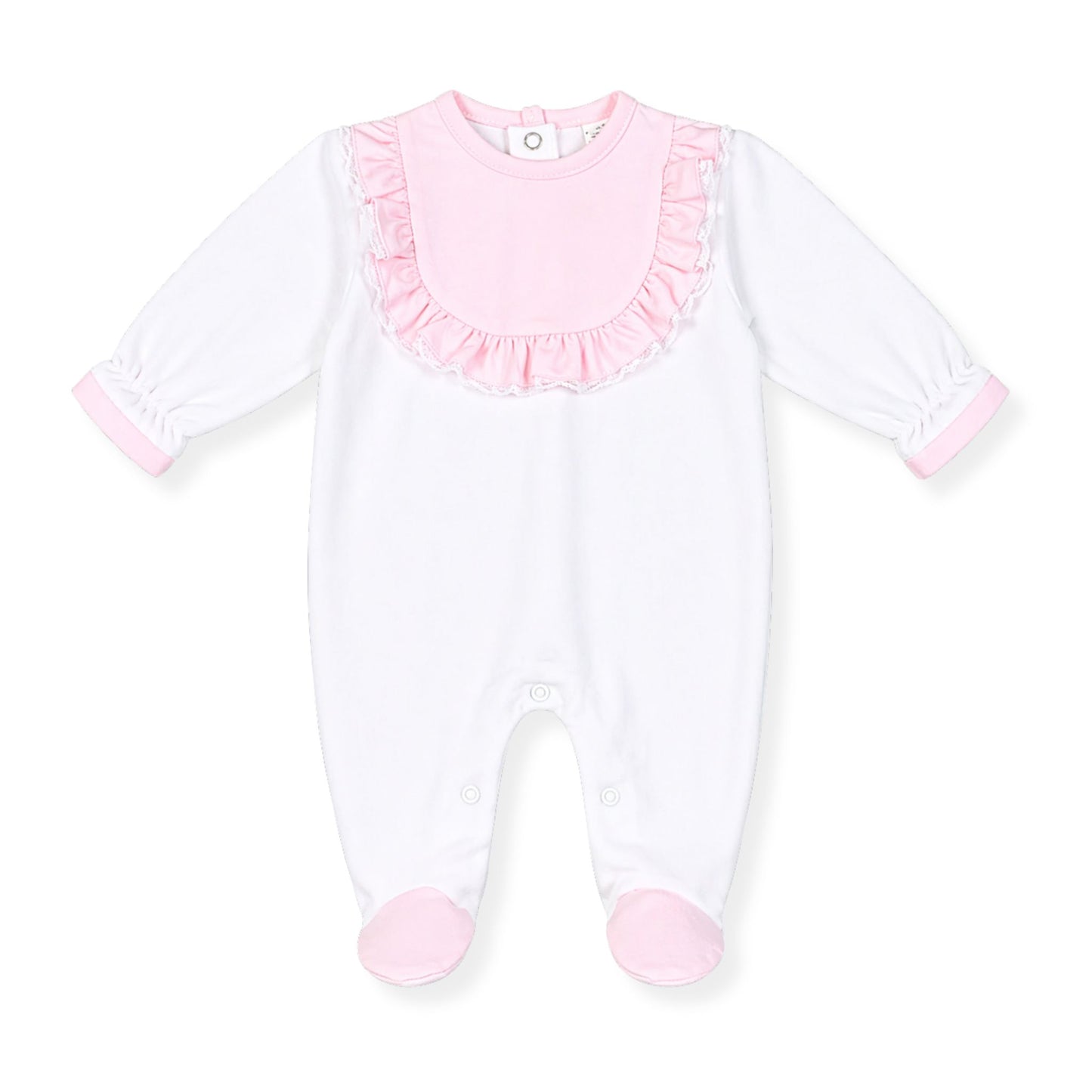 White baby onesie with pink ruffled collar on a white background