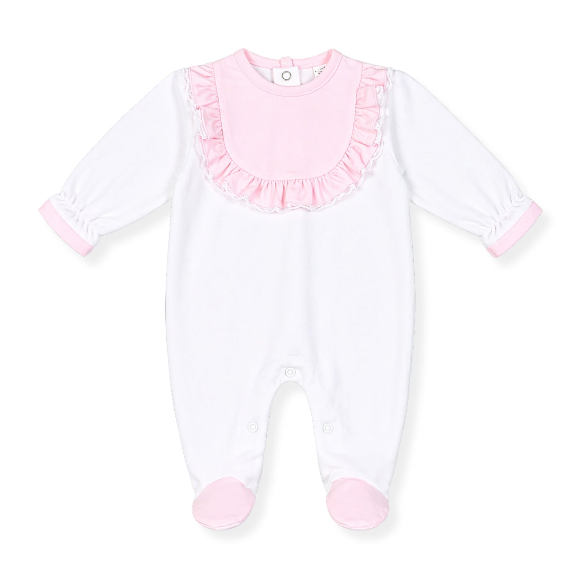 White baby onesie with pink ruffled collar on a white background