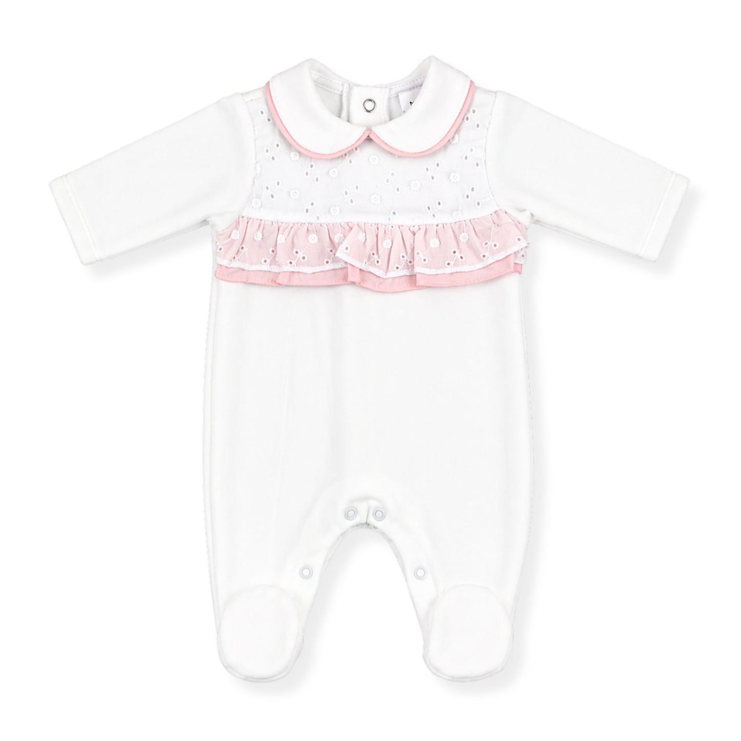 Baby girls white sleepsuit with pink frill detail and collar