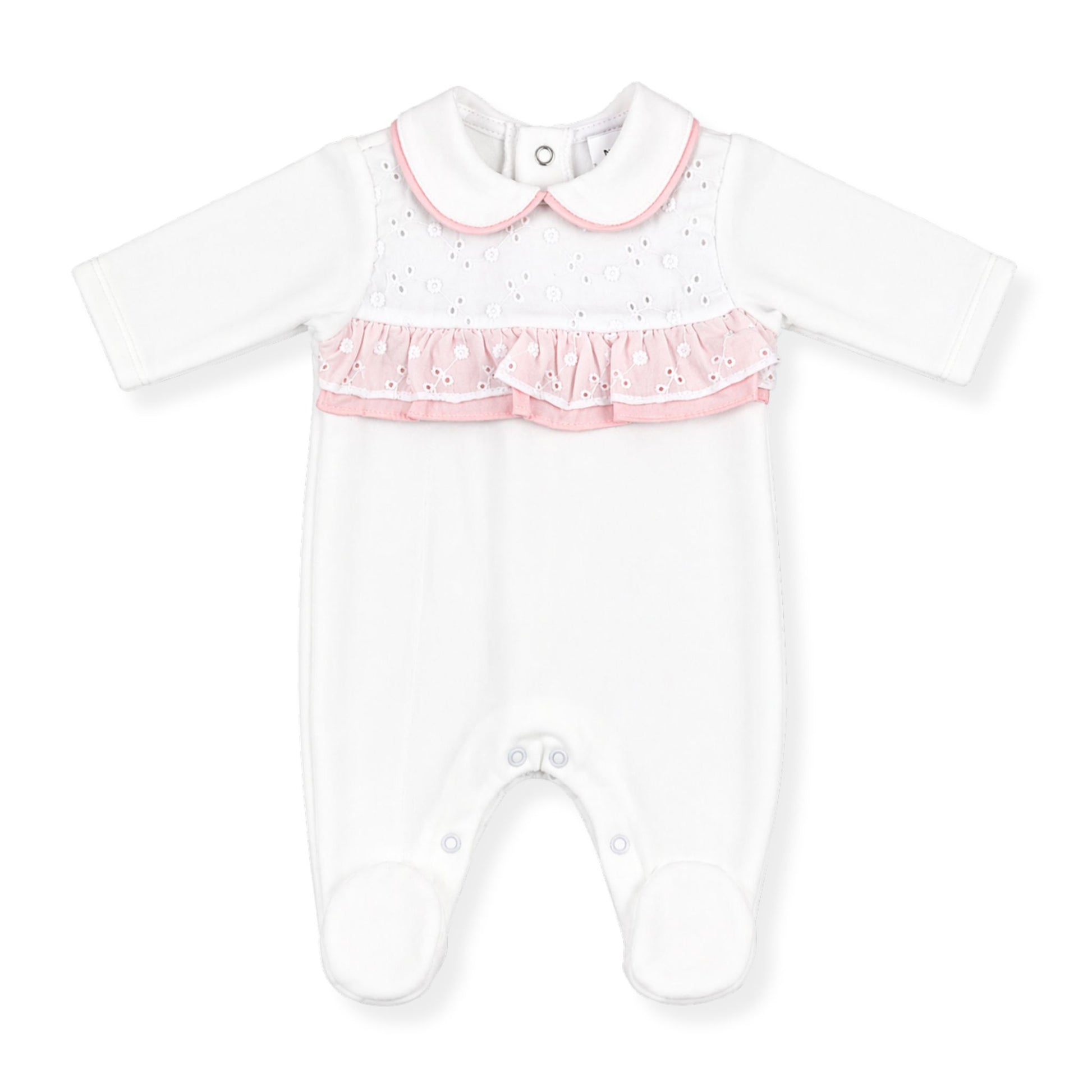 Baby girls white sleepsuit with pink frill detail and collar