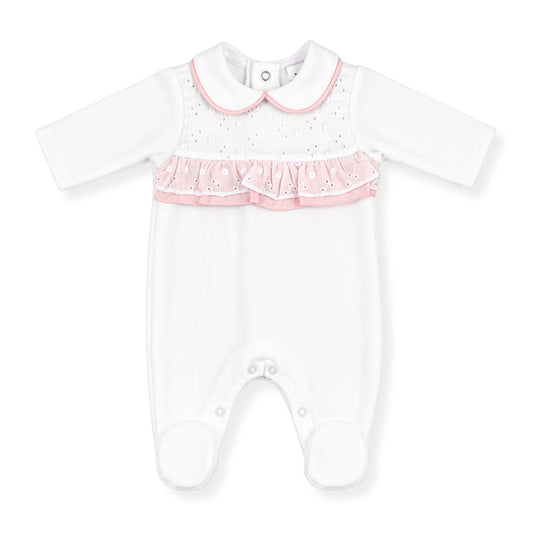 Baby girls white sleepsuit with pink frill detail and collar