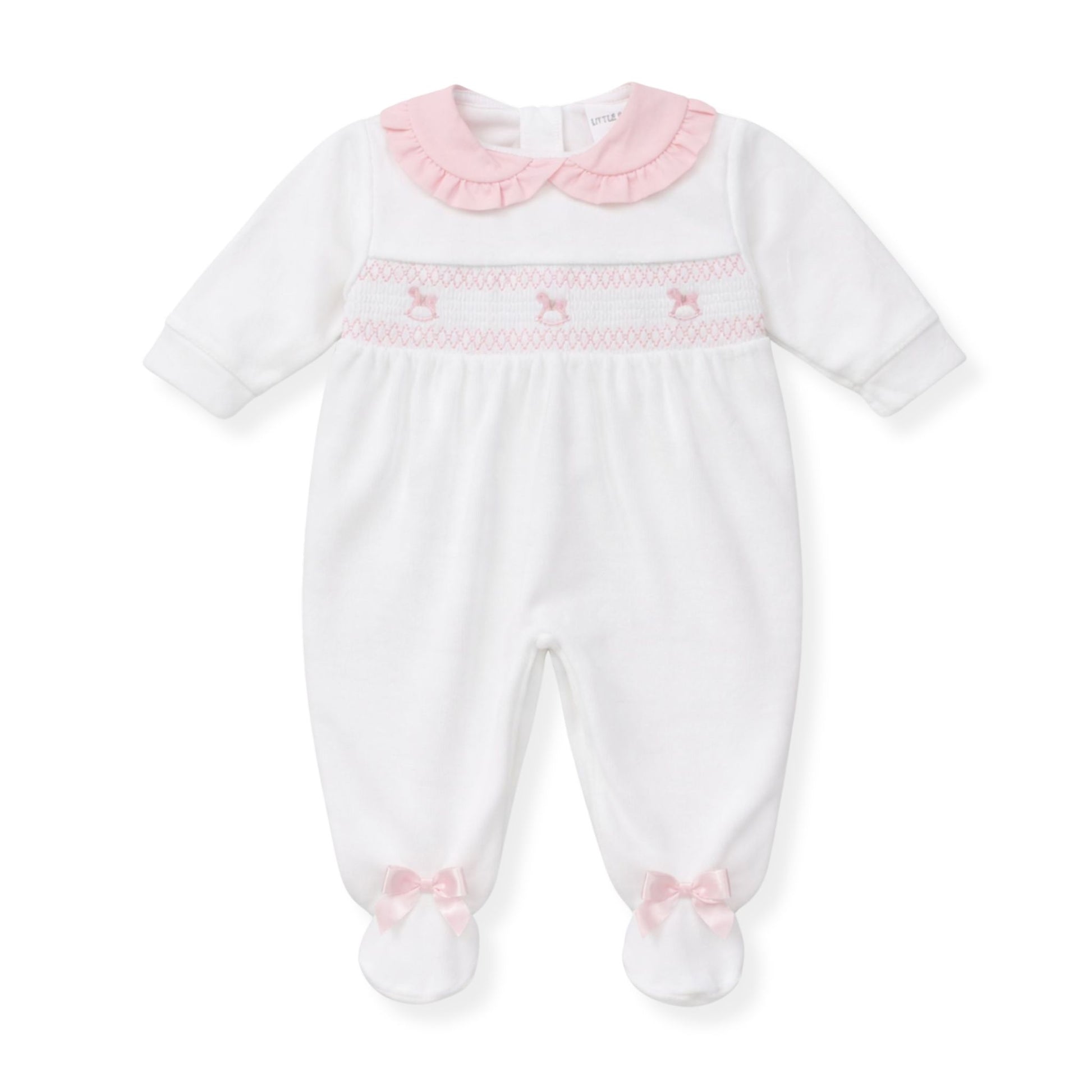 White baby sleepwith pink trim and embroidery on a white backgrounduit 