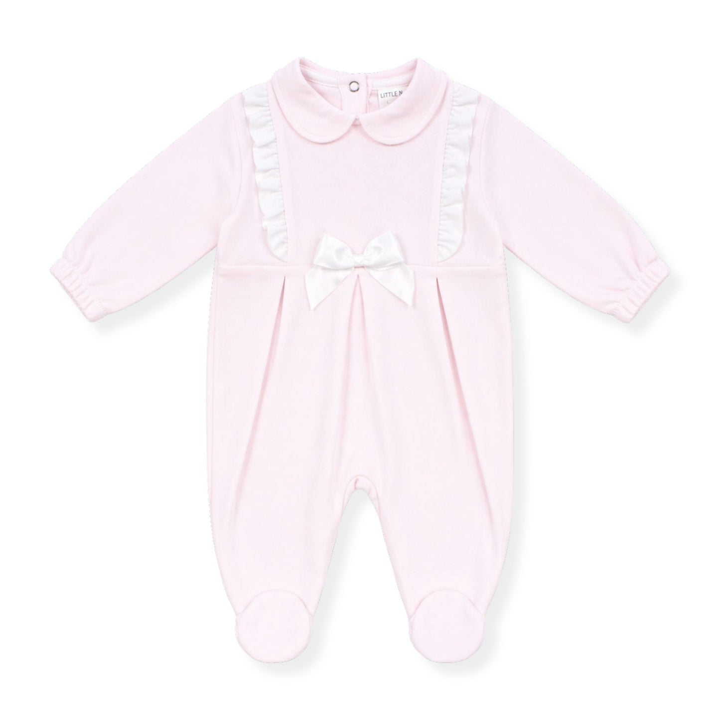 Pink baby girls’ babygrow with Peter Pan collar, white frill detailing and satin bow, long sleeves and footed design on a clean white background