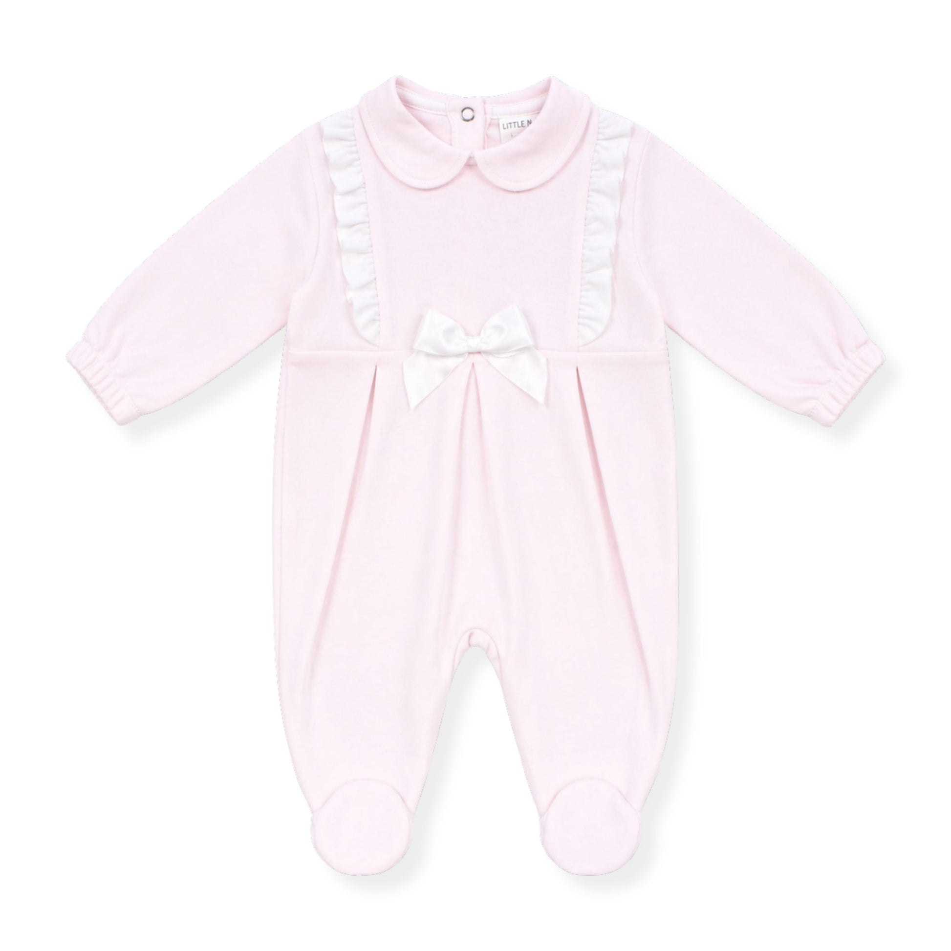 Pink baby girls’ babygrow with Peter Pan collar, white frill detailing and satin bow, long sleeves and footed design on a clean white background