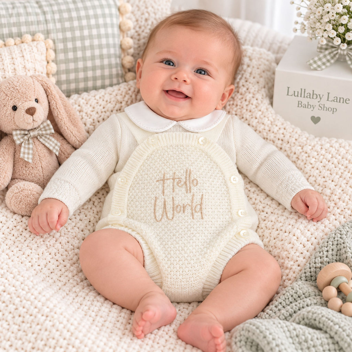 baby knitted romper with hello world emroidery