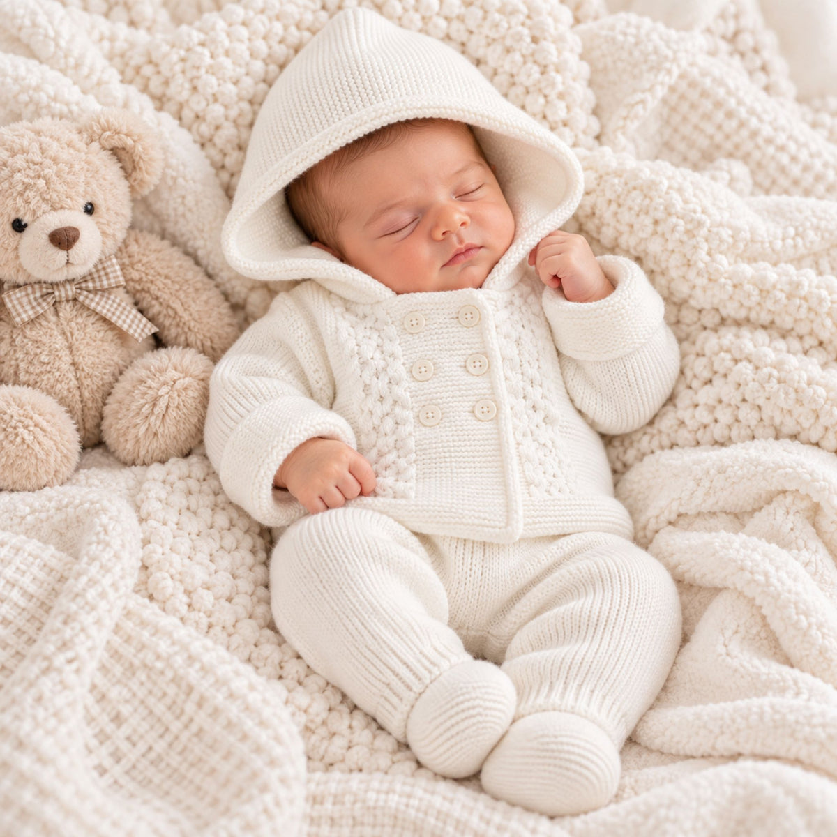 A sleeping newborn baby wearing a white pram suit lying on a chunky knit blanket next to a teddy bear.