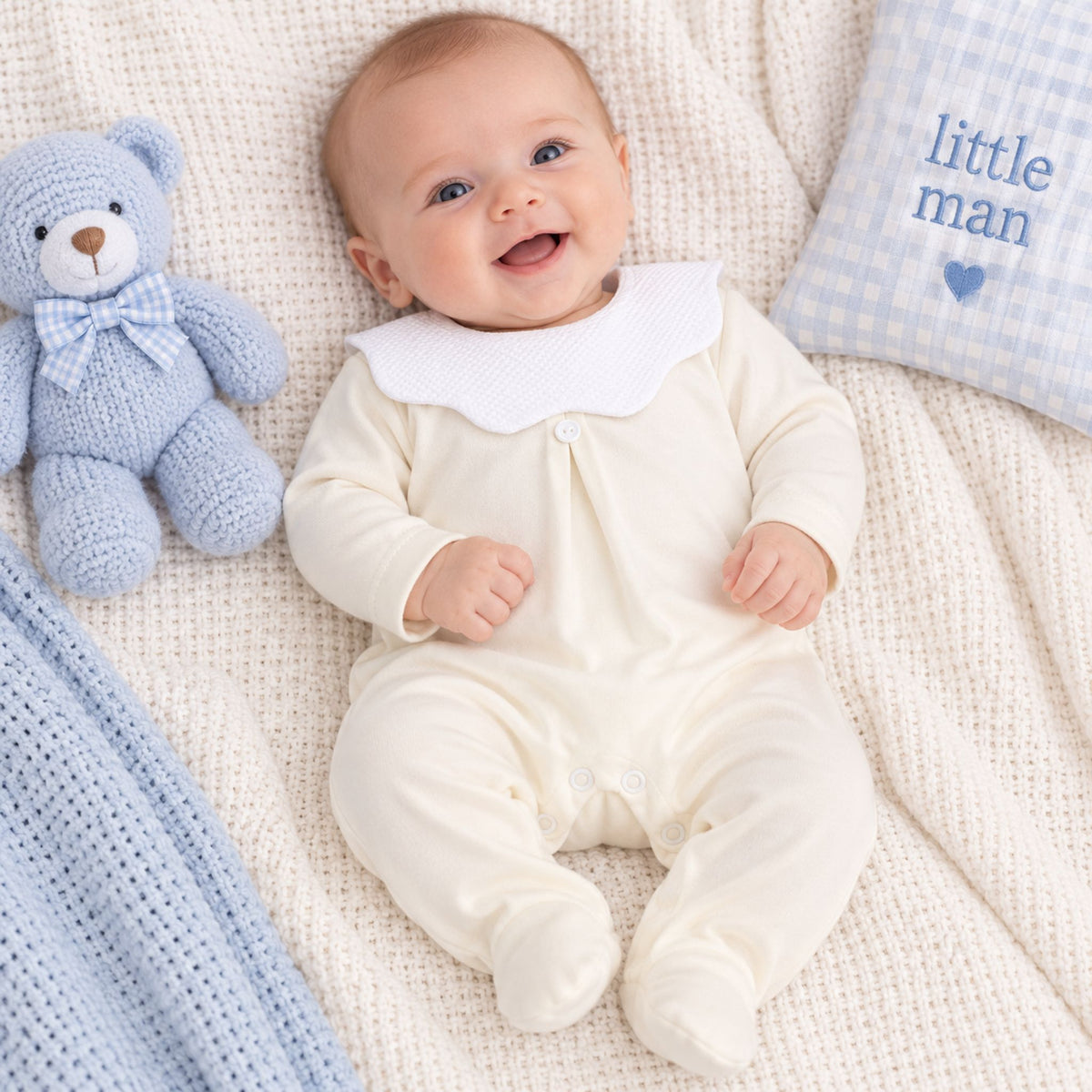 A smiling baby lying on a cream textured blanket, wearing an off-white footed sleeper with a white ruffled collar. A light blue teddy bear sits to the left, and a blue gingham pillow with the words 'little man' is on the right.