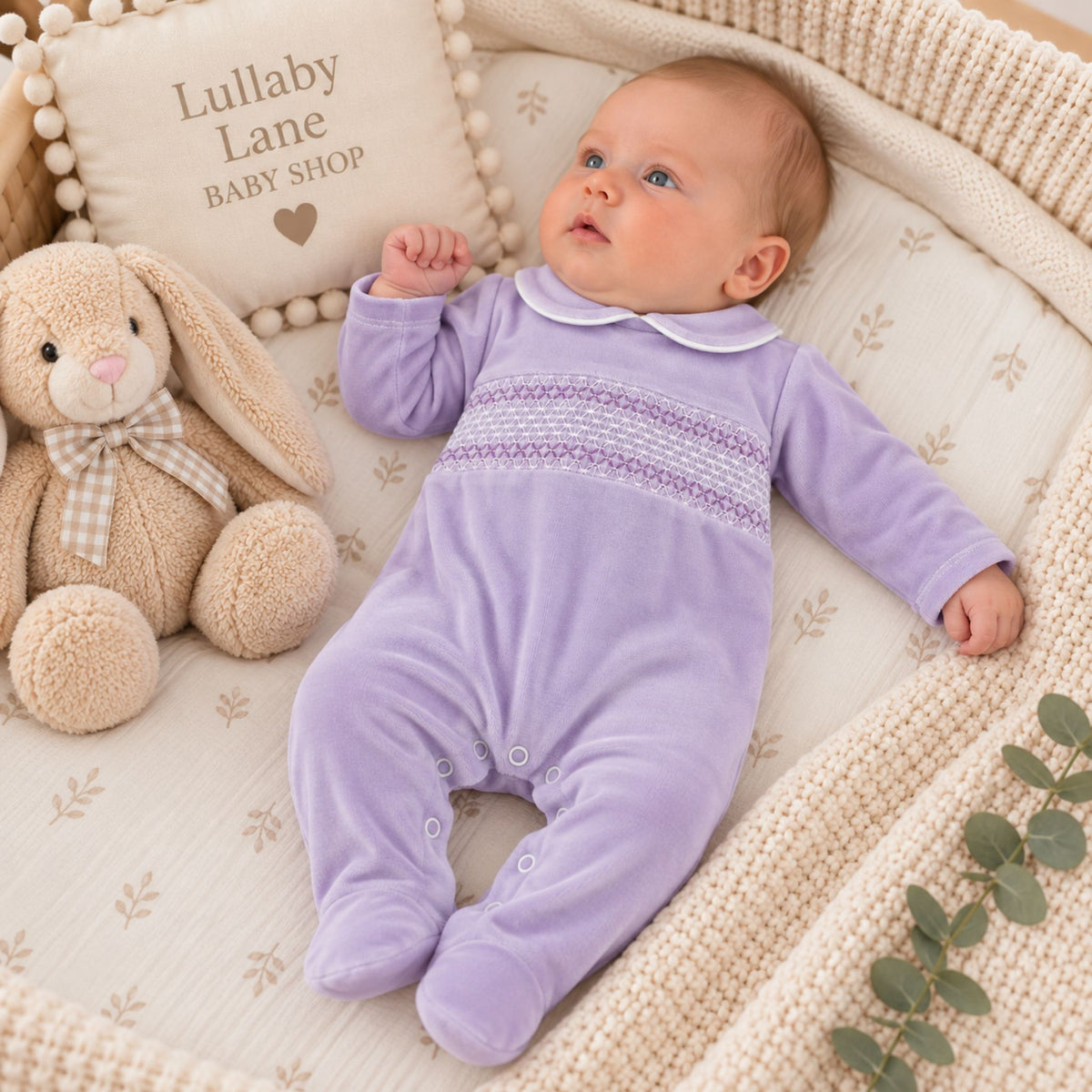 A baby wearing a lilac footed sleepsuit with a Peter Pan collar and embroidered chest detail, lying on a cream quilted bassinet with a plush bunny toy and decorative pillows.