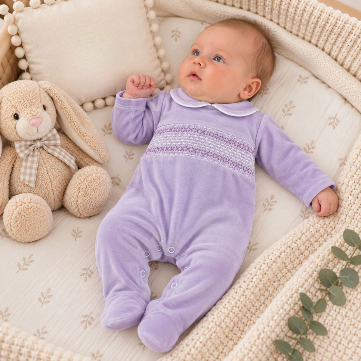 A baby wearing a lilac footed sleepsuit with a Peter Pan collar and embroidered chest detail, lying on a cream quilted bassinet with a plush bunny toy and decorative pillows.