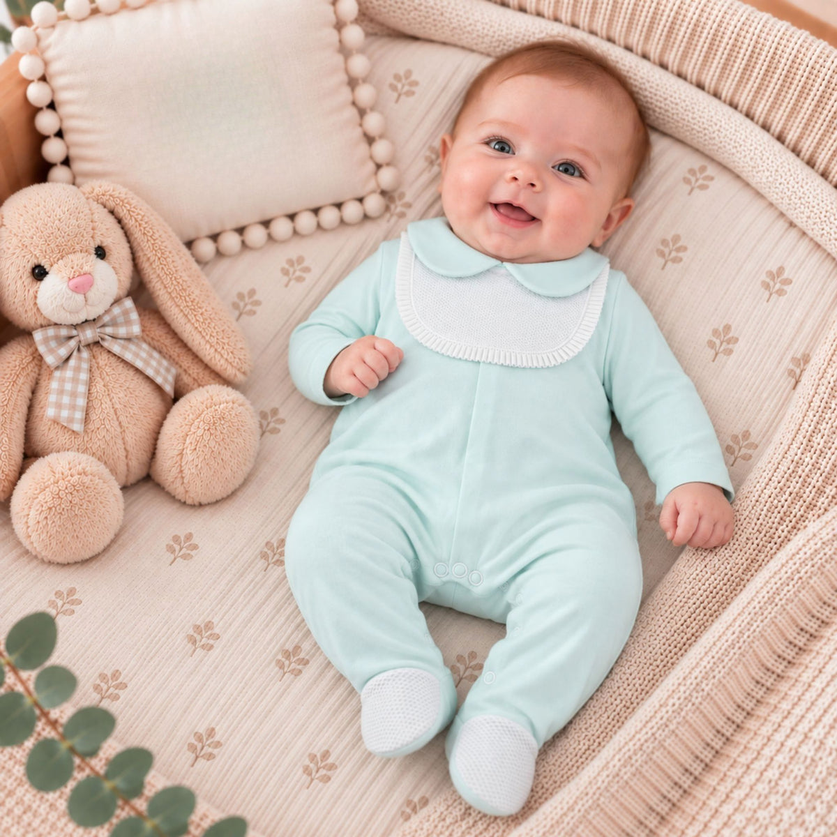 A smiling baby lying on a beige patterned blanket next to a plush bunny toy, wearing a light mint green footed onesie with a white Peter Pan collar.