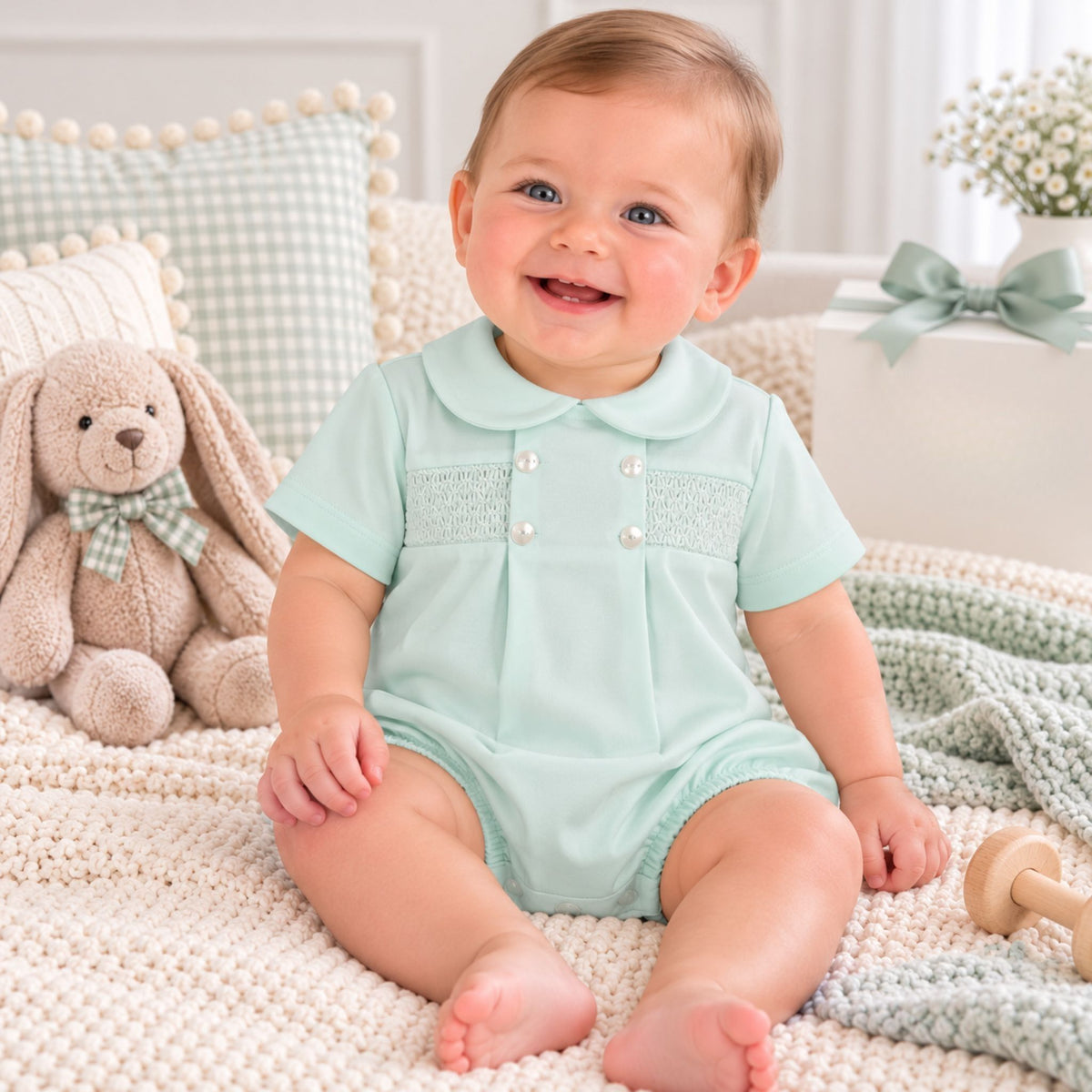 A baby sitting on a cream knit blanket wearing a mint green short-sleeve romper with a Peter Pan collar and decorative chest panel. The scene includes a plush bunny toy, checkered pillows, and a soft nursery setting.
