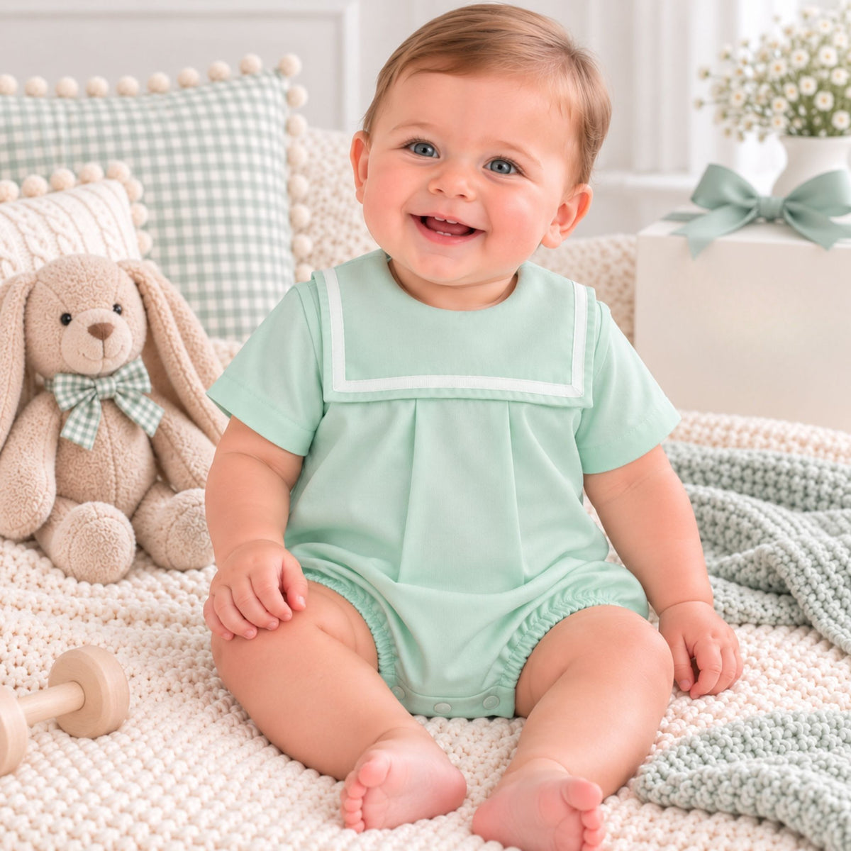 A smiling baby sitting on a cream knit blanket wearing a mint green short-sleeve romper with white trim. A beige bunny plush toy with a green bow sits to the left, with soft pillows and a gift box in the background.