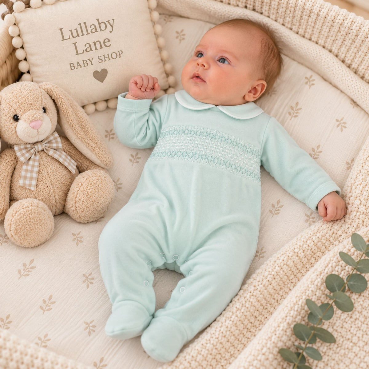 A baby wearing a light mint green footed smocked jumpsuit lies on a cream-colored bassinet cushion, next to a plush beige bunny toy and a decorative pillow that reads 'Lullaby Lane Baby Shop'.