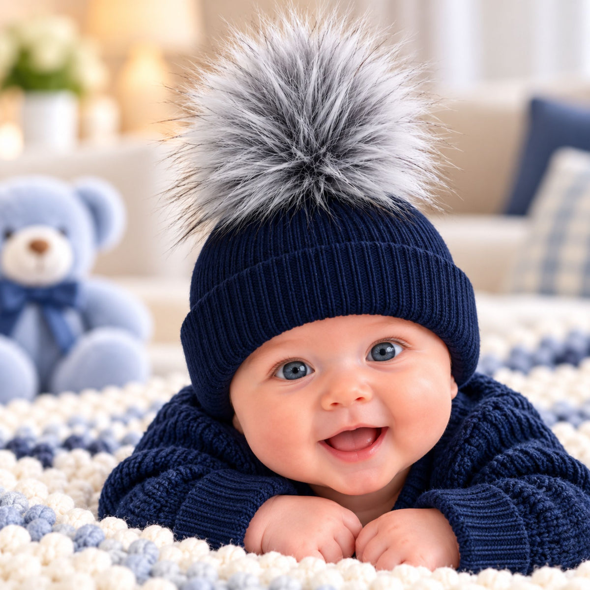 Baby Knitted Pom Pom Hat with Grey Faux Fur Pom