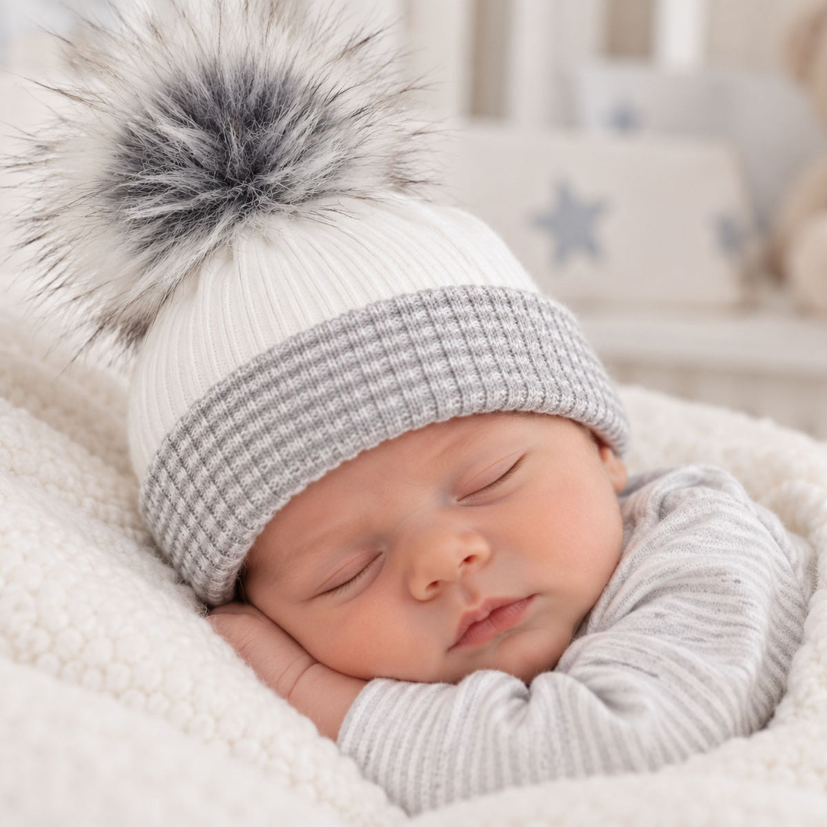 White & Grey Pom Pom Newborn Baby Hat