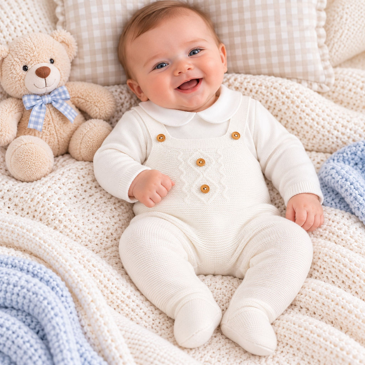 A smiling baby wearing a cream ribbed footed onesie with button details, lying on a cozy cream knit blanket next to a teddy bear.