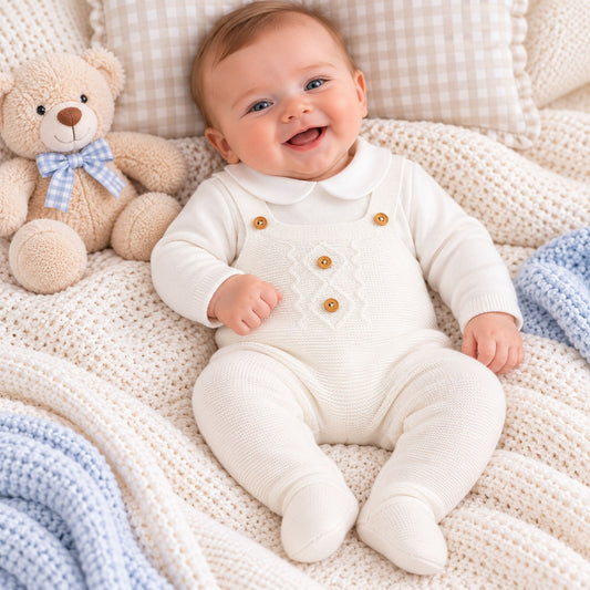 A smiling baby wearing a cream ribbed footed onesie with button details, lying on a cozy cream knit blanket next to a teddy bear.
