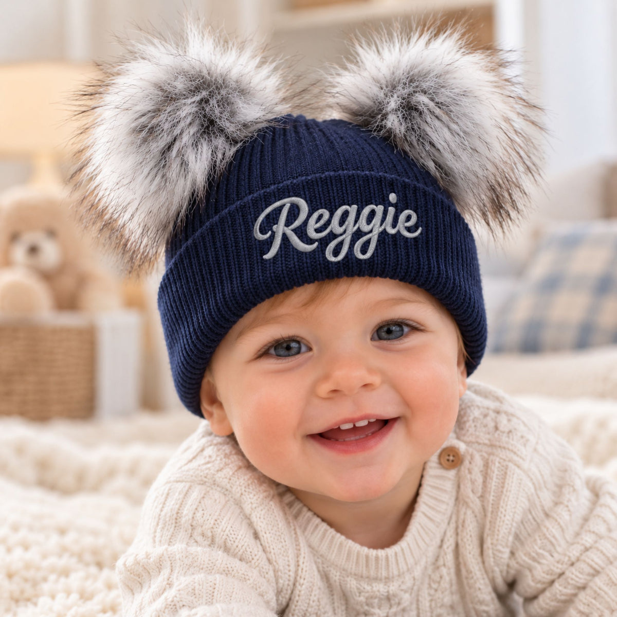 personalised navy baby hat 6-12m