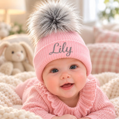 Personalised Baby Hat - Pink Pom Pom Hat