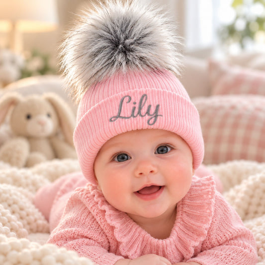 Personalised Baby Hat - Pink Pom Pom Hat