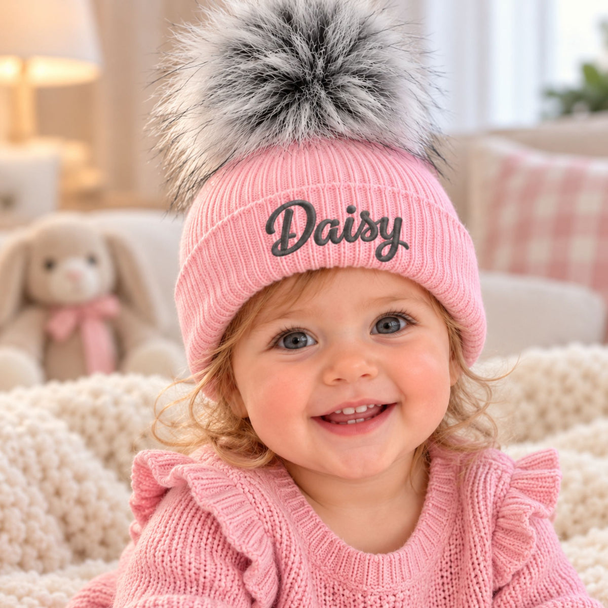 A smiling toddler wearing a pink knit beanie with a large gray-and-white pom-pom and the name 'Daisy' embroidered on the front, posed in a cozy indoor setting.