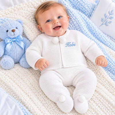 Personalised Dandelion Unisex White Knitted Two Piece Pram Suit