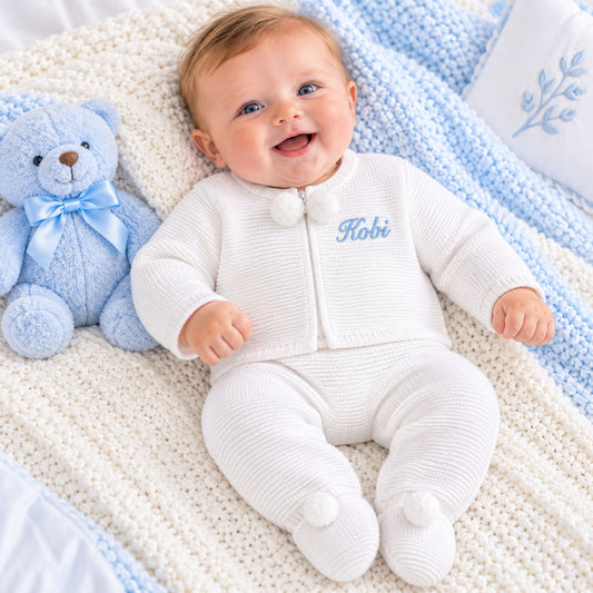 baby white personalised knitted pram suit outfit