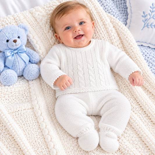 baby boy white dandelion 2 piece knitted outfit