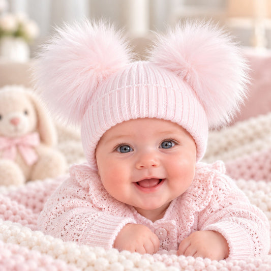 A smiling baby wearing a light pink ribbed knit hat with two large fluffy pom-poms and a matching pink knit outfit, lying on a soft pink and cream blanket with a plush bunny toy in the background.