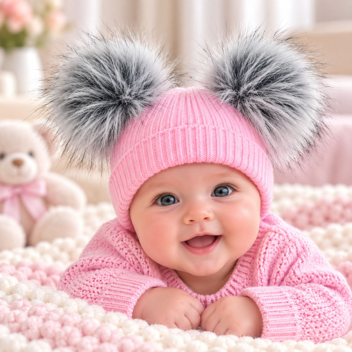 Baby Knitted Double Pom Pom Hat with Grey Faux Fur Poms