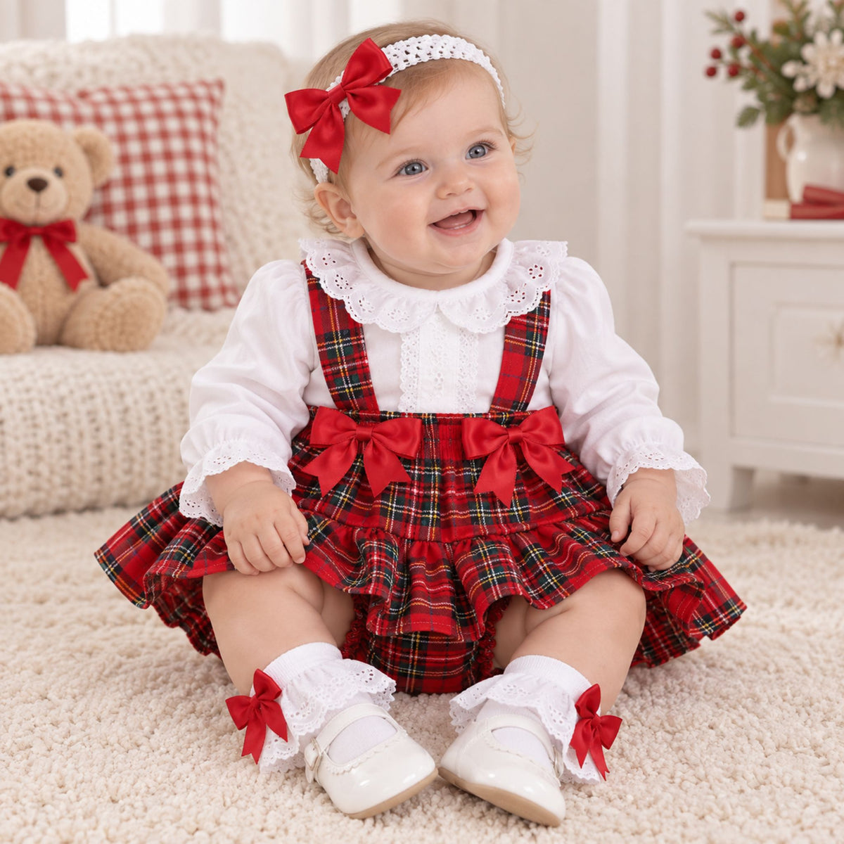 A baby girl wearing a festive holiday outfit consisting of a white long-sleeve blouse with a lace collar and a red plaid ruffled skirt with red bows, sitting on a cream carpet in a cozy room.
