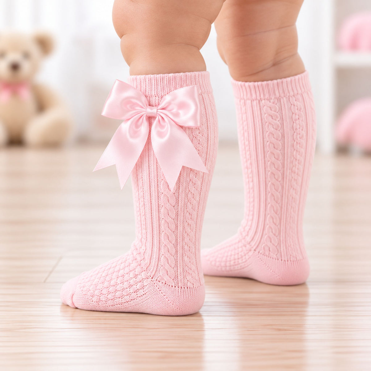A close-up of a baby's legs wearing light pink cable-knit socks with a matching satin bow on the front, standing on a light wooden floor.