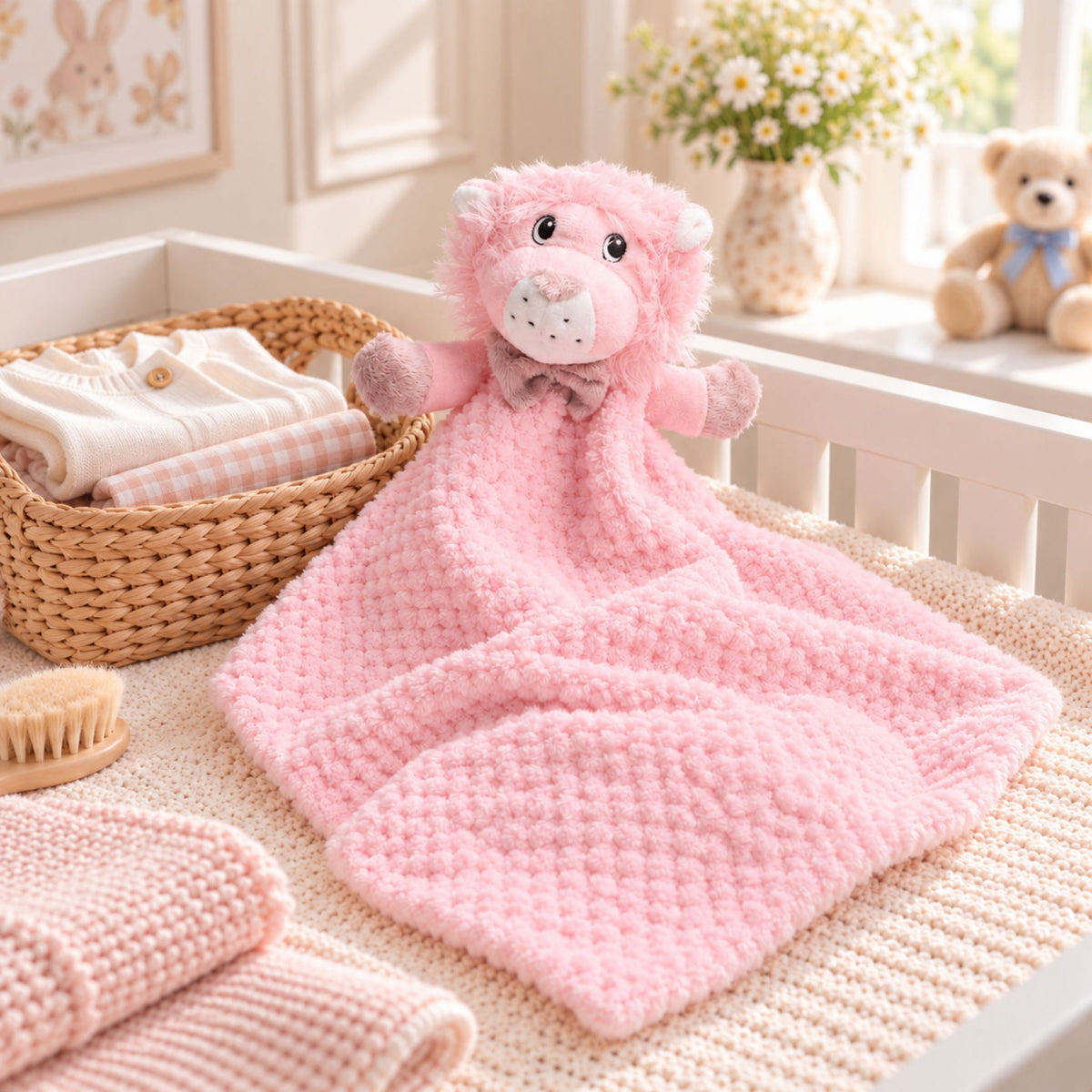 A pink plush bear-shaped baby blanket with a waffle-knit texture is draped over a white changing table in a soft, nursery-like setting. A woven basket with folded baby clothes, a small wooden brush, and a vase of white flowers are visible in the background.
