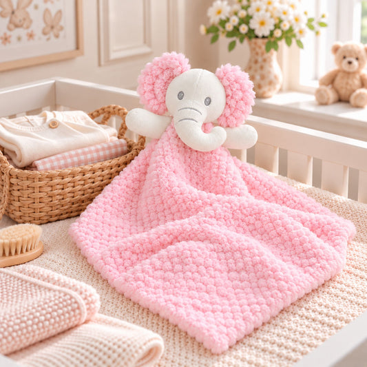 A pink textured comforter blanket with a plush elephant head and trunk, displayed in a soft, styled nursery setting with a woven basket, folded blankets, and a window in the background.