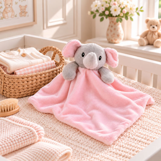 A pink plush elephant baby blanket with a soft gray face and ears, wrapped in a pink blanket and displayed on a knitted baby bed in a warm, styled nursery setting.
