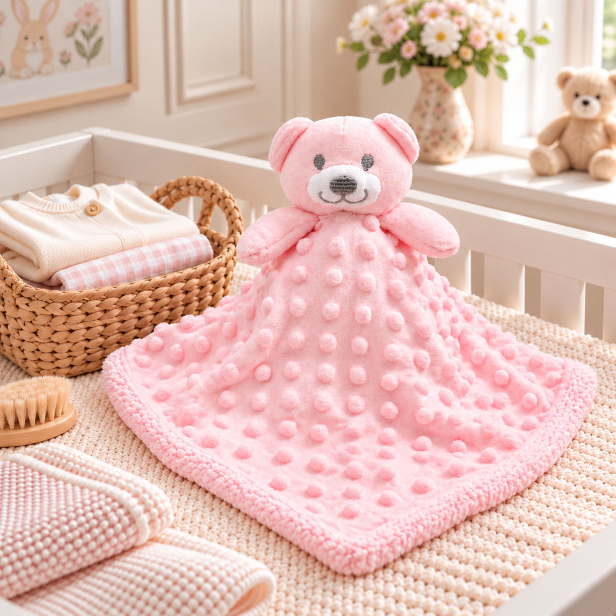 A pink plush bear security blanket with a bumpy dotty texture, displayed in a soft, styled nursery setting next to a woven basket of folded baby clothes.