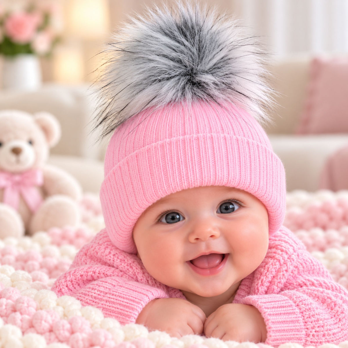 A smiling baby wearing a pink ribbed knit beanie with a large gray and white faux fur pom-pom, lying on a pink and white textured blanket in a soft, warm room setting.