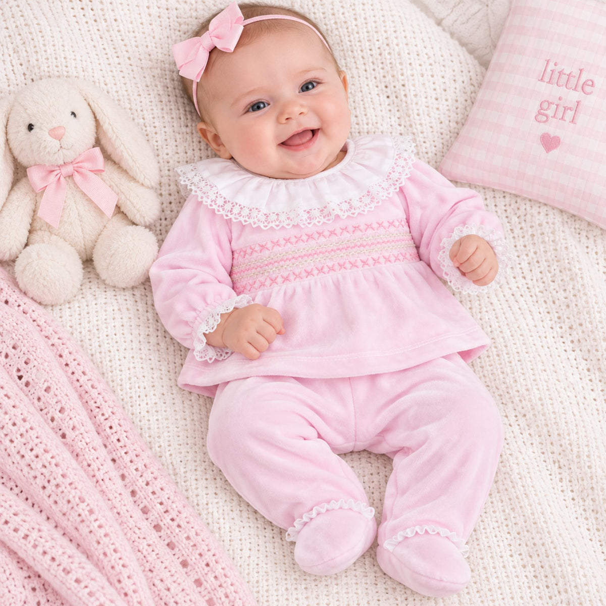 pink velour 2 piece smocked baby outfit