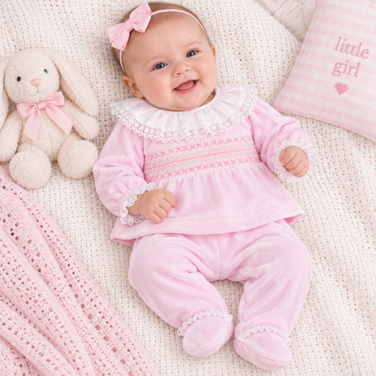 pink velour 2 piece smocked baby outfit