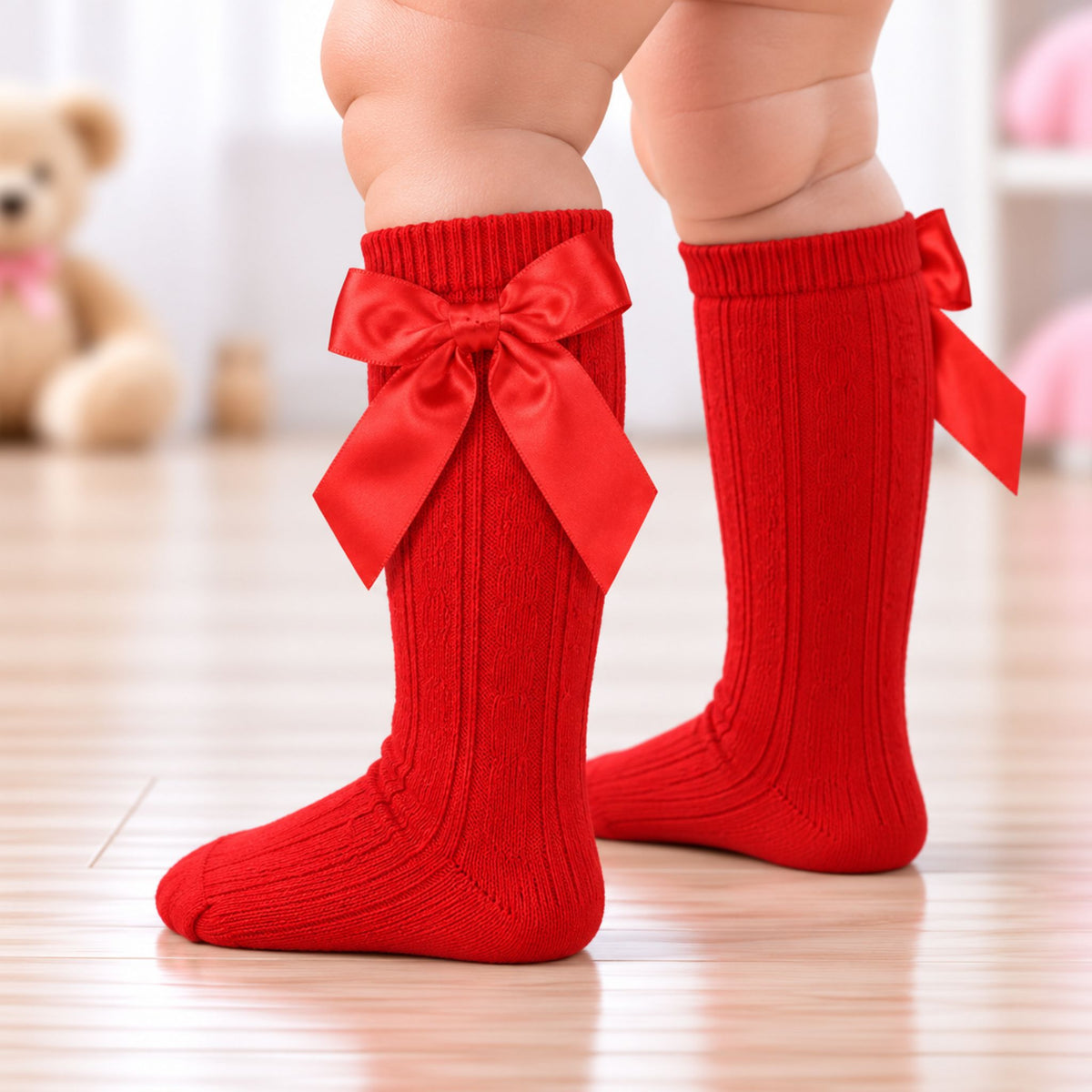 A close-up of a baby's legs wearing bright red ribbed knee-high socks with large satin bow details on the back, standing on a light wooden floor.