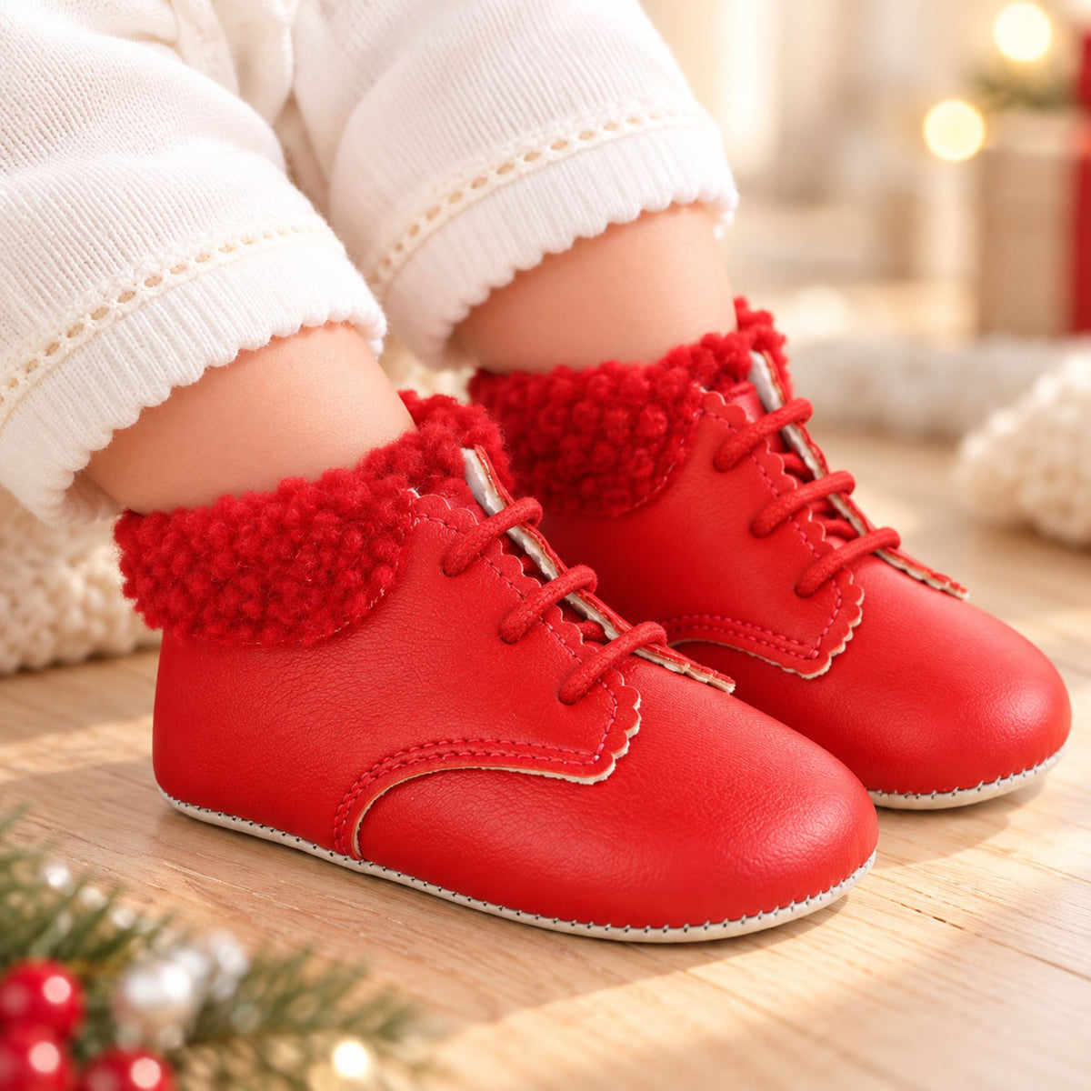 Baypods Baby Girls Matte Red Boots with Faux Fur Trim (Soft Sole)