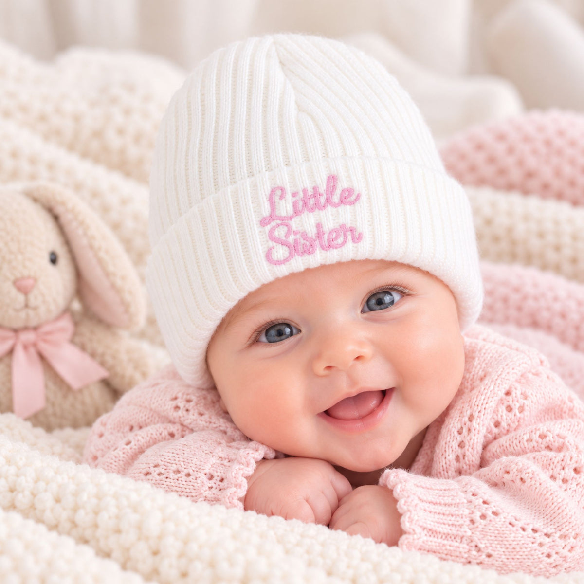 A smiling baby wearing a white ribbed knit beanie with pink embroidered text reading 'Little Sister,' lying on a soft cream knit blanket with a pink knitted wrap and a stuffed bunny nearby.