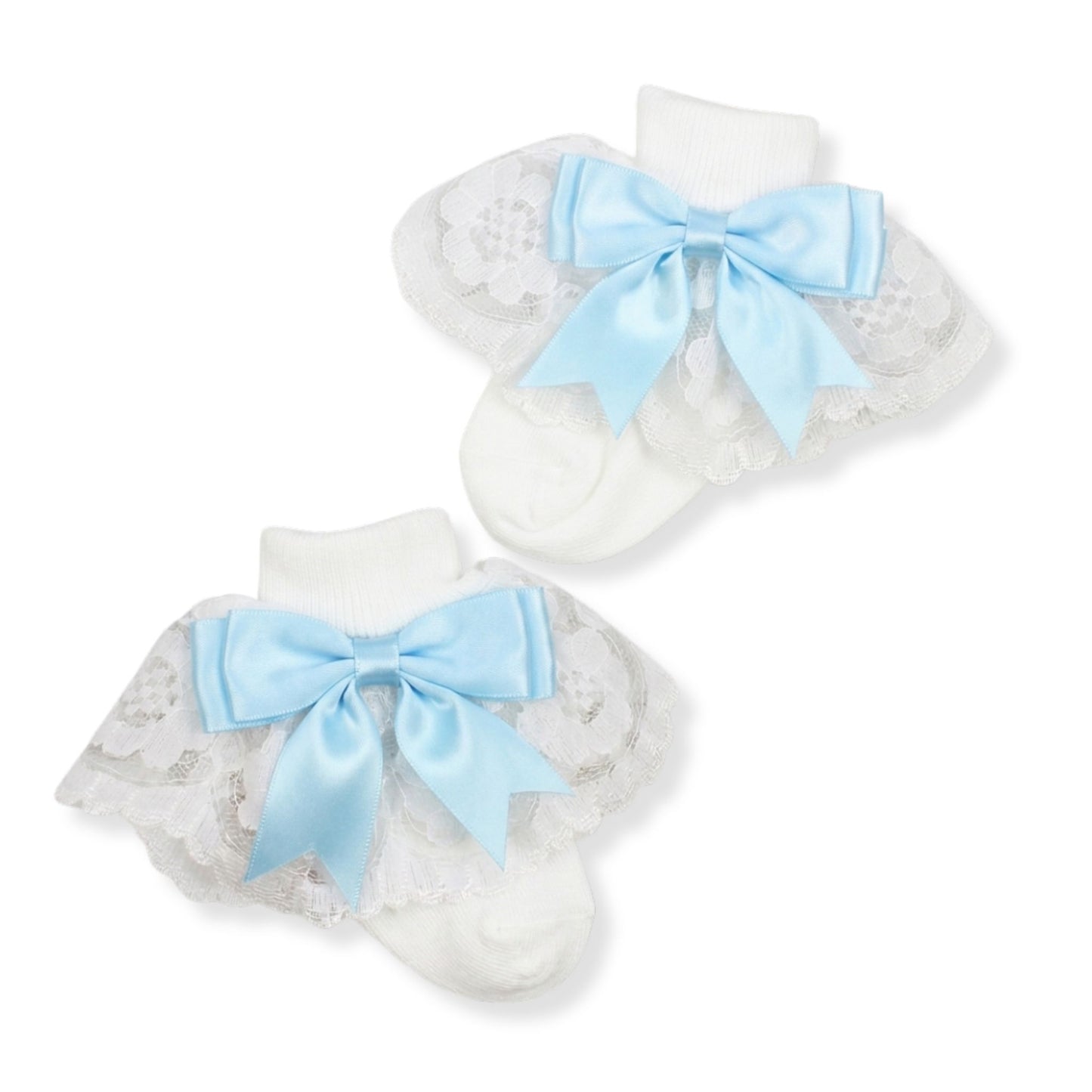 white fancy baby socks with pale blue satin bow 