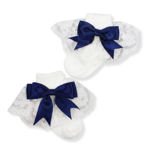 baby girls frilly socks with lace and navy blue bows in a spanish style