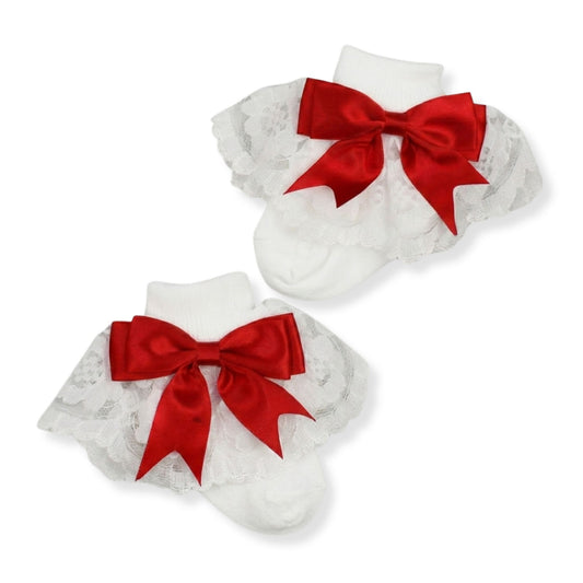 baby girl frilly ankle socks with lace and red bows, perfect for christmas 