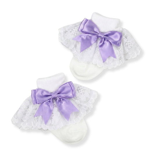 baby girl frilly white ankle socks with lilac lavender bow
