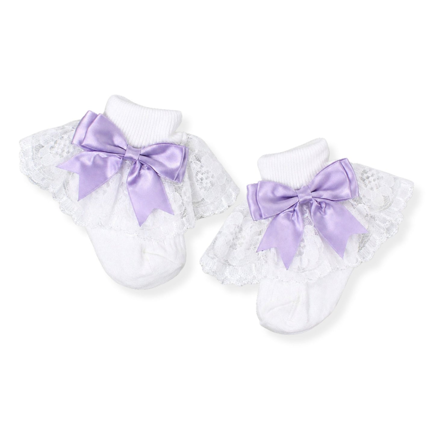 baby girls white ankle socks with lilac satin bow