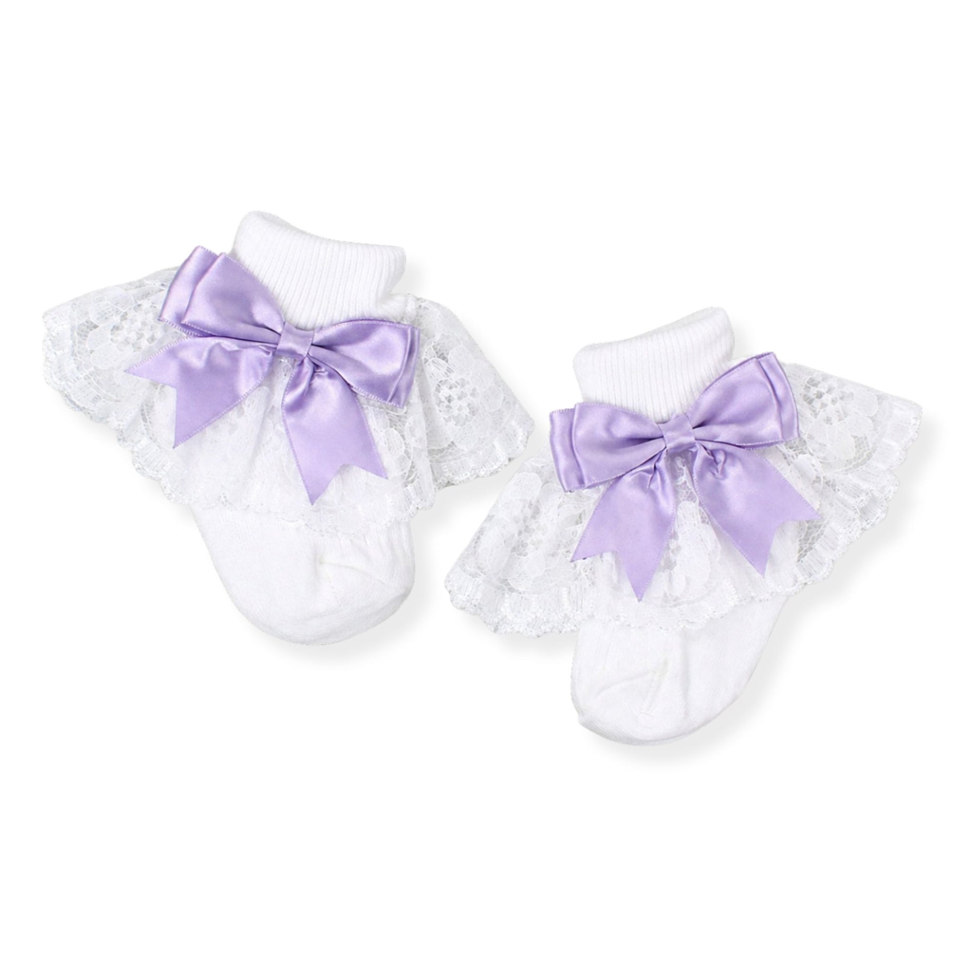 baby girls white ankle socks with lilac satin bow